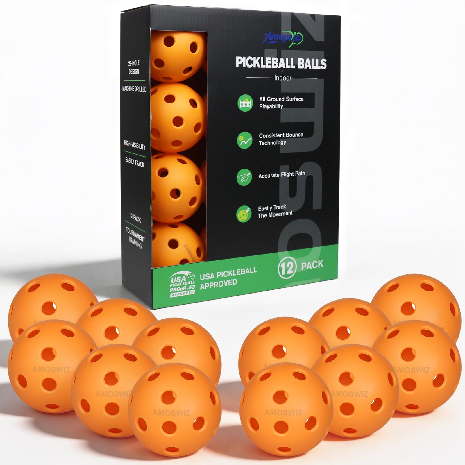 Amoswiz Indoor Pickleball Balls, 12 Pack of 26 Holes Pickleballs, USAPA Approved Indoor Pickleballs Set, High Visibility Durable Pickle Balls for Training and Tournament, Orange — image 1