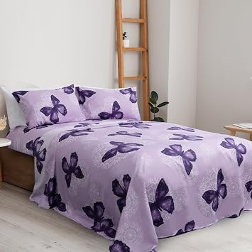 ARTALL 4-Piece Butterfly Print Queen Size Sheet Set, Soft Microfiber All-Season Bed Sheets Includes 2 Pillowcases, 1 Flat Sheet, 1 Fitted Sheet with 15" Deep Pockets, Purple