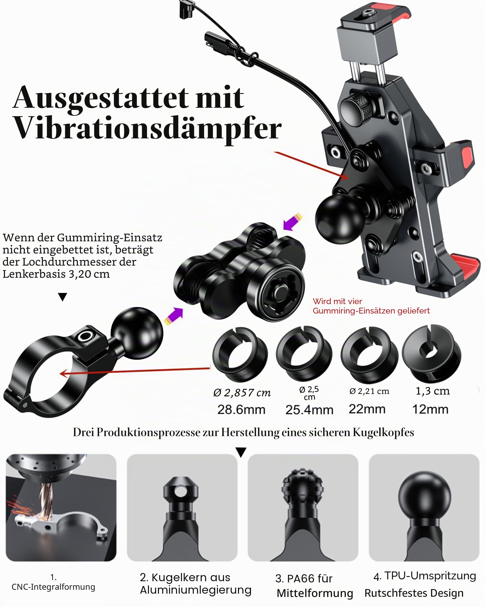 BRCOVAN Metall Motorrad Handyhalterung mit Qi 15W Drahtloses Ladegerät | mit Vibrationsdämpfer, Aluminiumlegierung, Einstellbar Outdoor Lenker Handy Halterung für 4,7-7,2 Zoll Smartphone