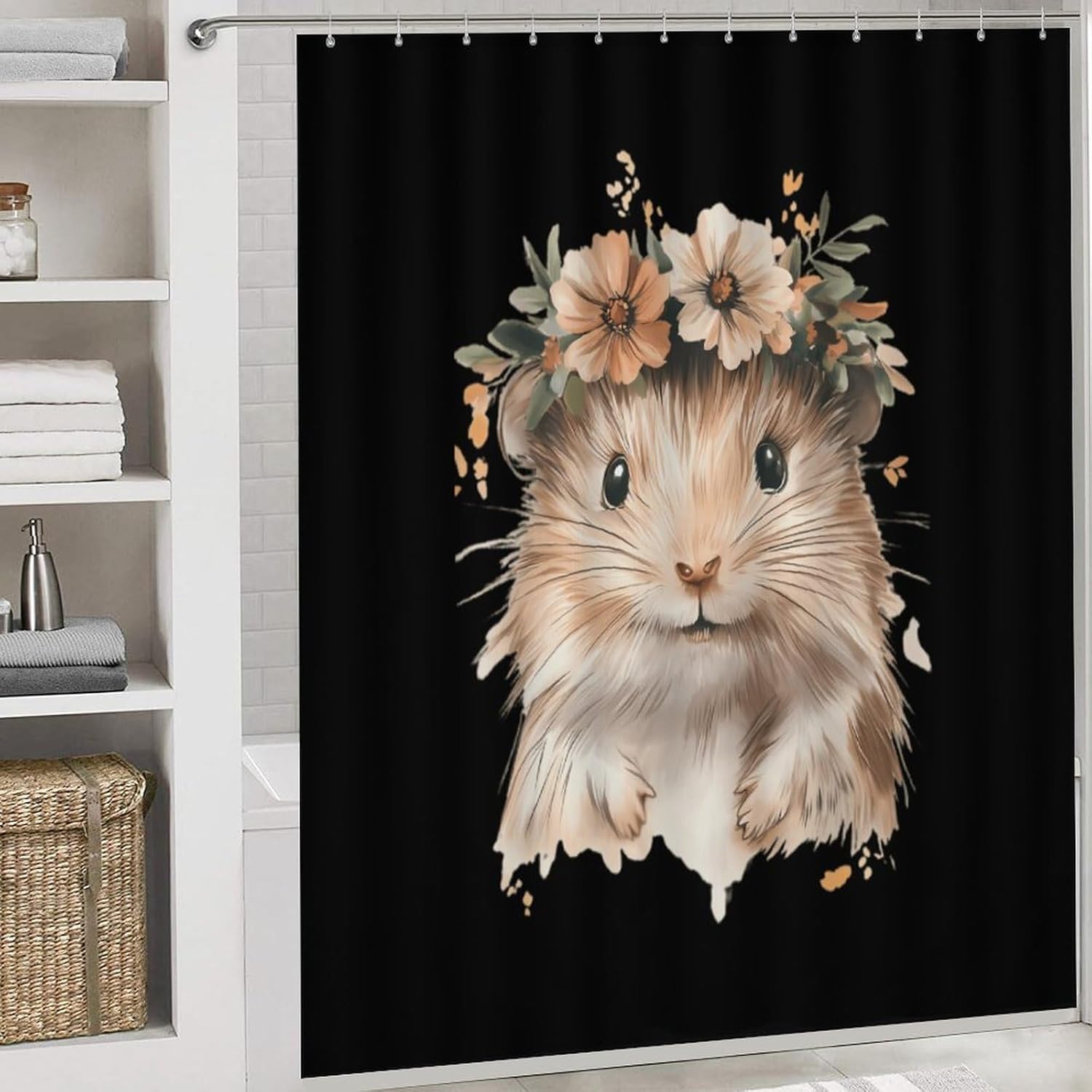 Cute Hamster Modern Bathroom Sets with Shower Curtain and Rugs Decor 4 Pcs with 12 Hooks