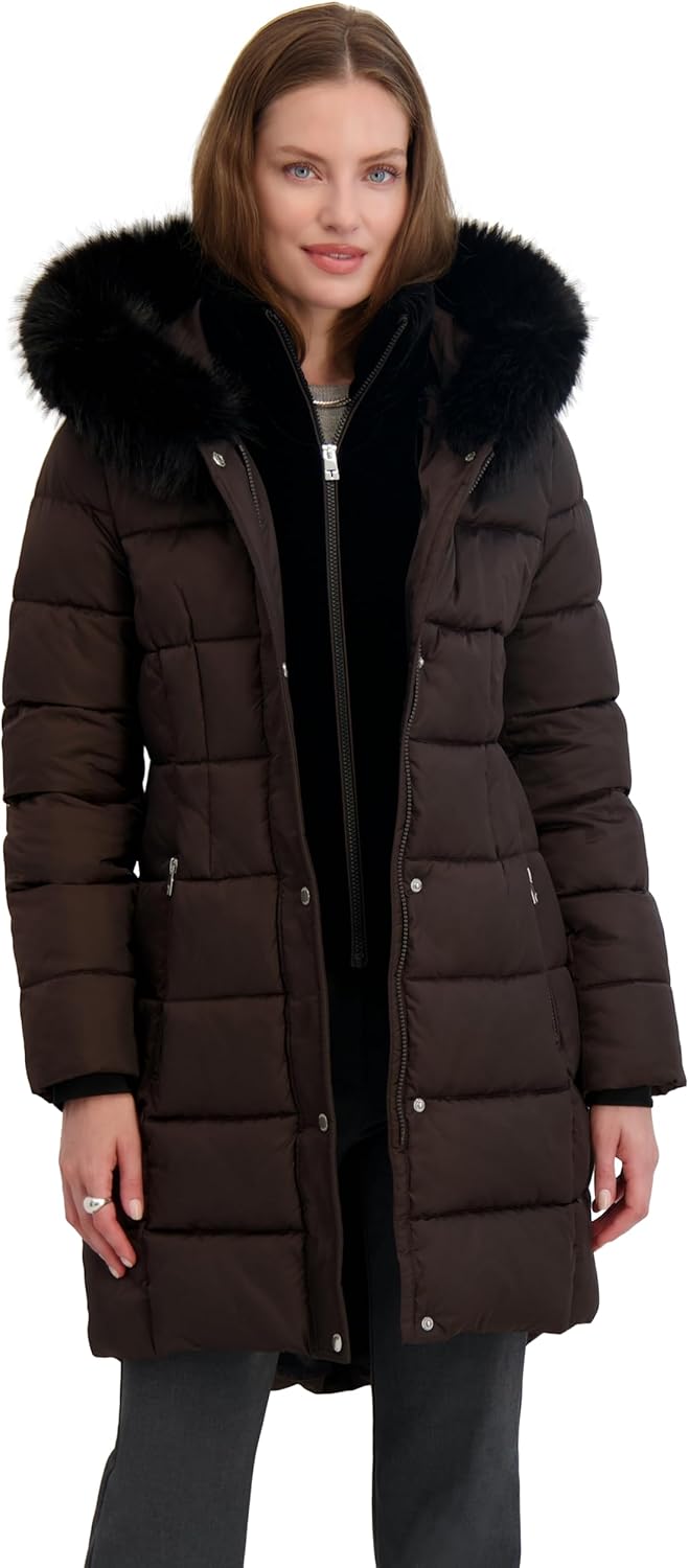 TAHARI Women's Mid-length Quilted Puffer Coat With Attached Hood, Faux Fur Trim, Velvet Bib & Zipper Closure