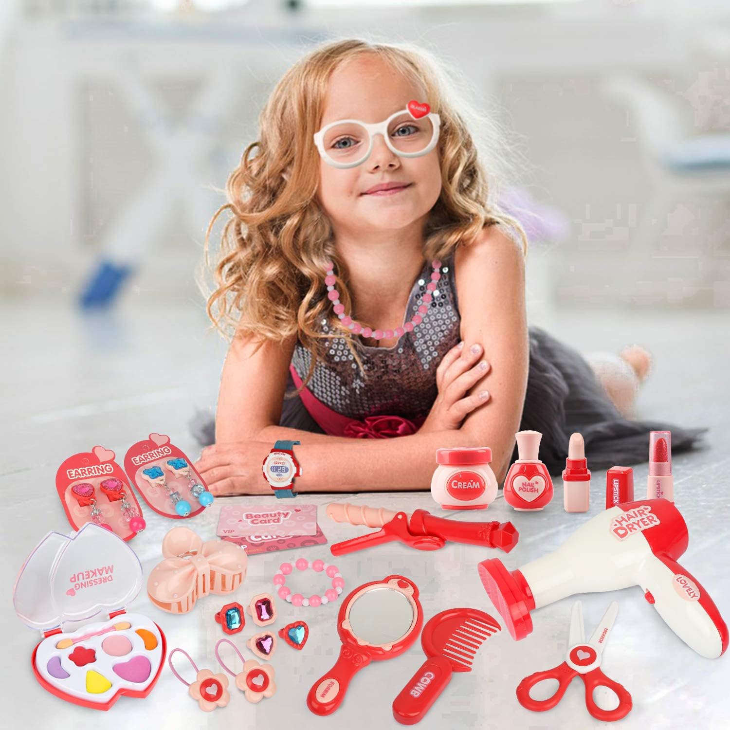 Sanlebi Pretend Makeup Set Role Play Cosmetics Kit Princess Dress Up Kids Hairdressing Gift Toy for 3 Year olds Little Girls , 28 Pcs : Toys & Games