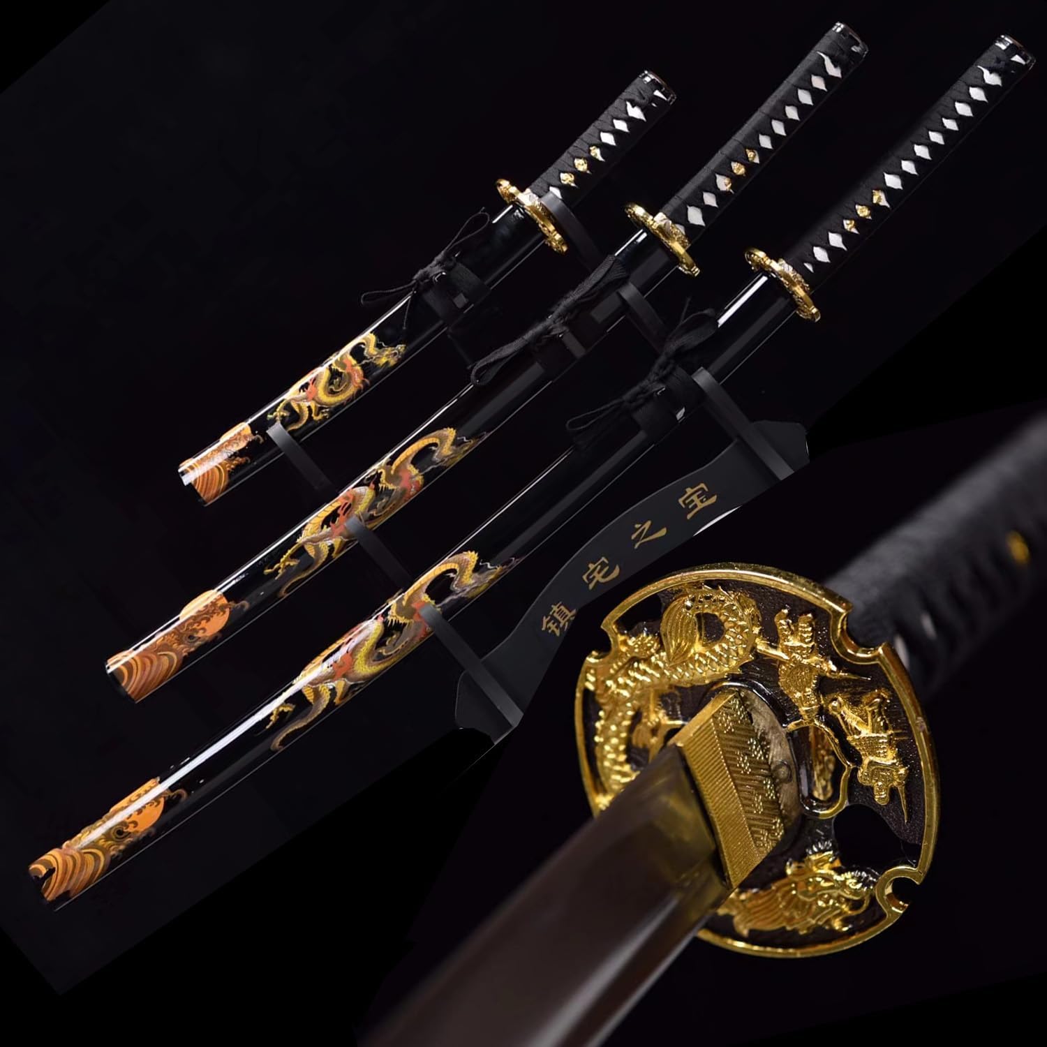 HERO SWORD Handmade Japanese Samurai Sword Set Dragon Katana Wakizashi Tanto Set 3 Pieces 1060 High Carbon Steel Full Tang Blade Very Sharp Cool Sword for Mens