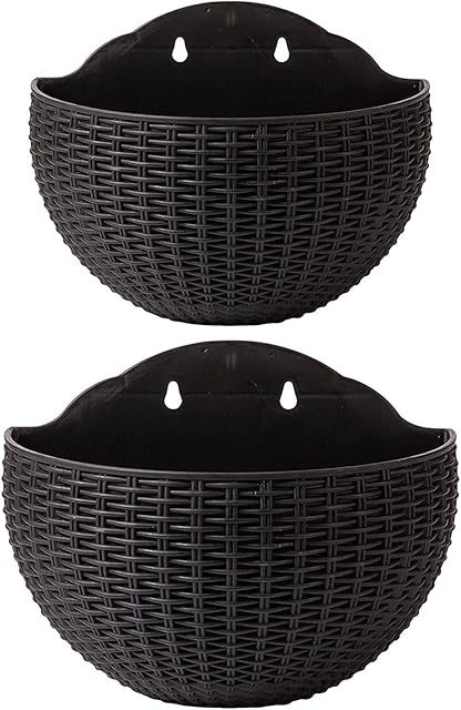 2 Pcs Imitation Rattan Wall Hanging Flower Pot, Semicircle Hanging Planters Outdoor with Drainage Hole and Hooks, Plastic Garden Hanging Basket for Balcony Fence (Black)