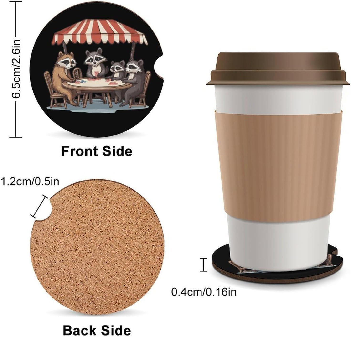 Raccoons Animal Poker Cute Car Coasters 2.56 Inch Absorbent Cup Holder for Drinks Auto Interior Accessories