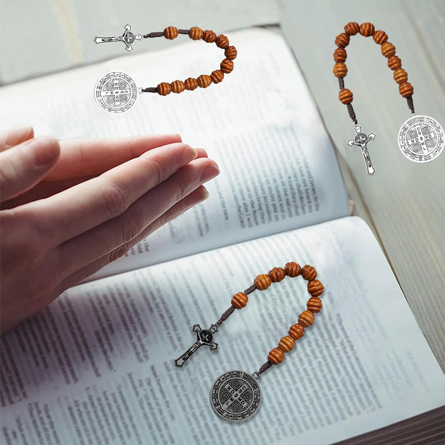 4Pcs 9 Inch Rosarios Catolicos St Benedict Medals Pocket Rosary Medalla de San Benito Crucifix Brown Wooden Prayer Beads for Men Women - Image 3