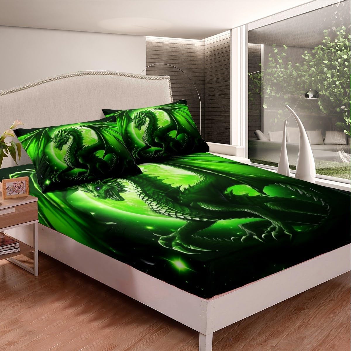Castle Fairy Dragon Fitted Sheet Twin Size,Starry Sky Moon Night Bedding Set 2Pcs for Kids Boys Teens Men Room Decor,3D Western Dragon Animals Bed Sheet Black Green Deep Pocket Sheet,1 Pillowcase