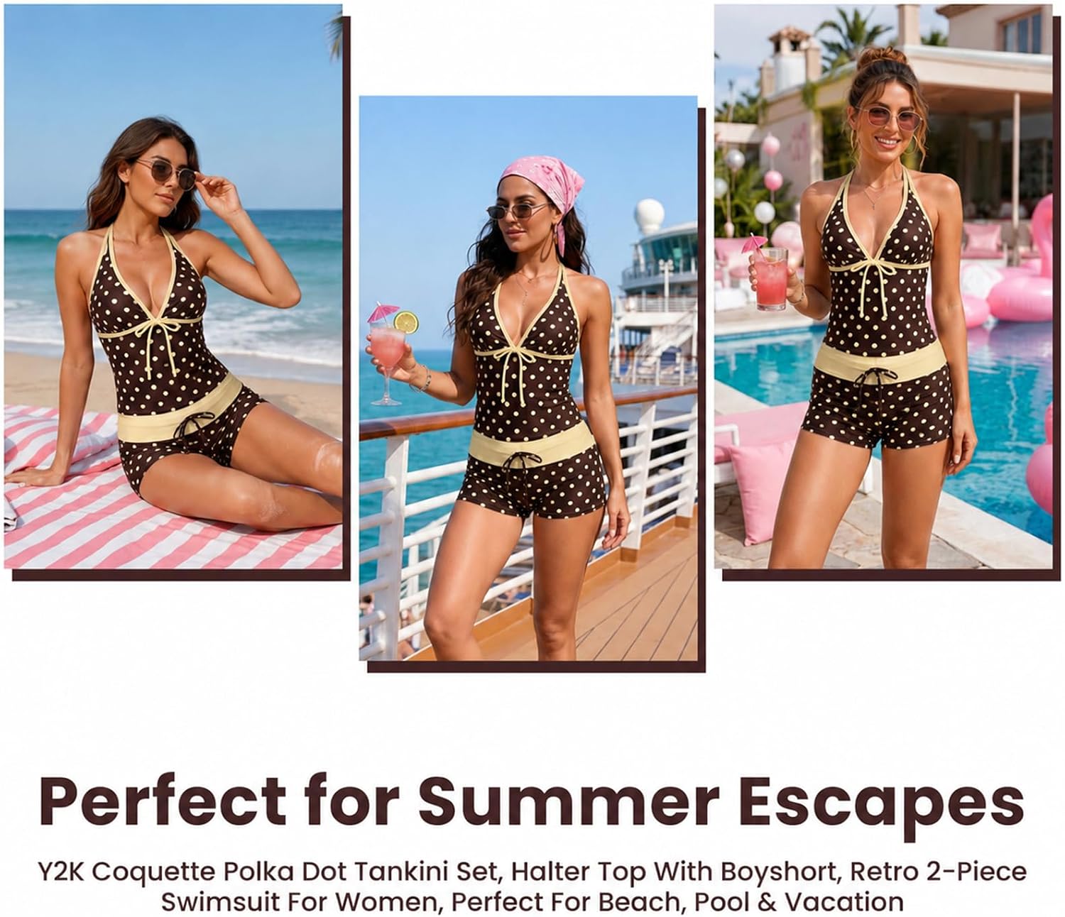 AUOBAG Swimsuit for Women 2 Piece Tankini Bathing Suit, Retro Polka Dot Halter Neck Tie Front Swim Top with Boy Shorts