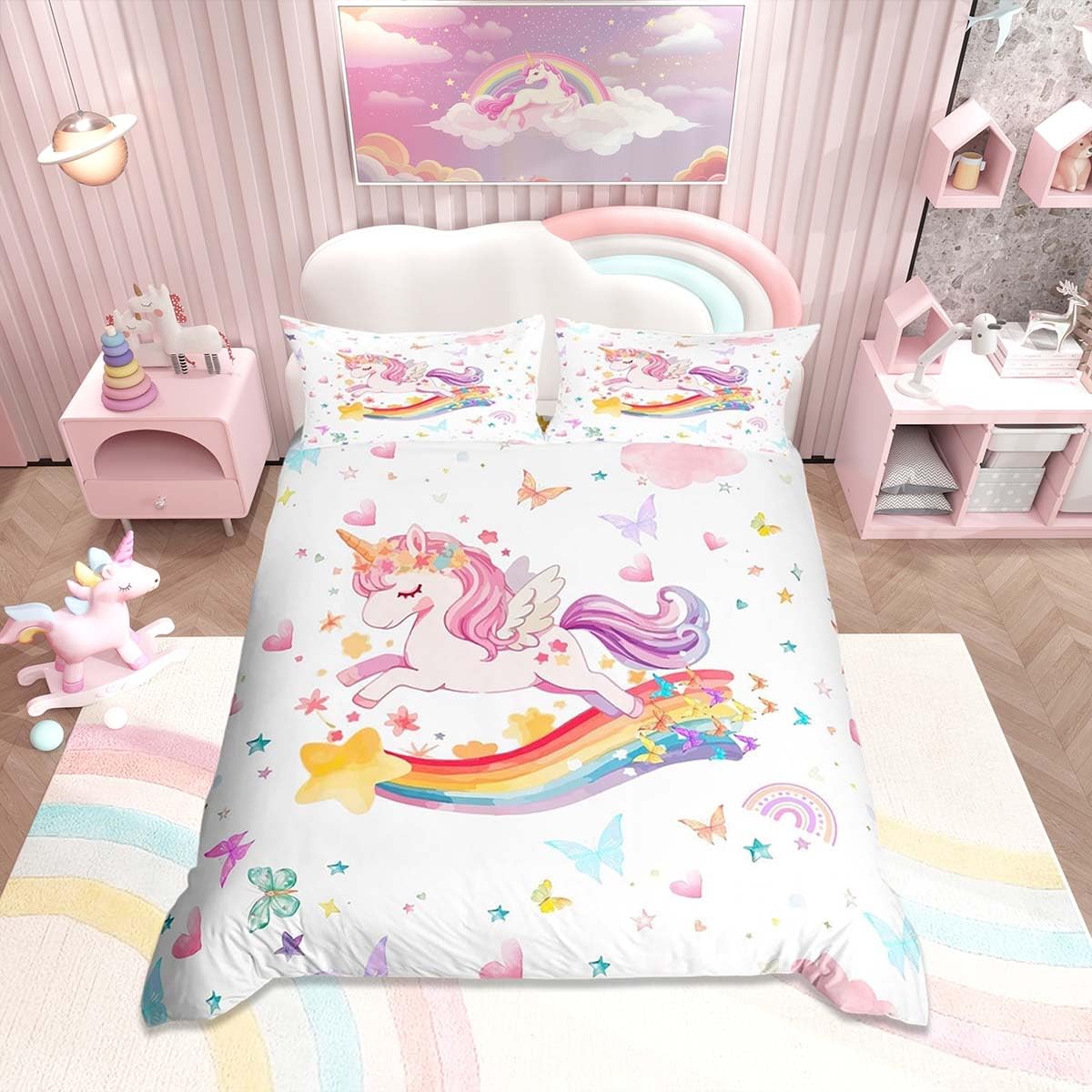 Homemissing Rainbow Unicorn Duvet Cover Set Cot Size For Kids Boys Girls Teens Cute Unicorn White PinkBedding Set Butterfly Love Heart Star Print Duvet Cover with 1 Pillowcase โ image 1
