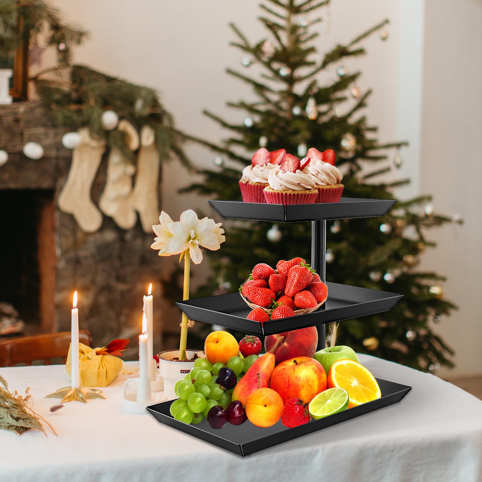 2 pezzi Porta Frutta a 3 Piani, Vassoio rettangolare in metallo, nero, 3 ripiani, per feste, dessert, biscotti, frutta, torte, pasticcini