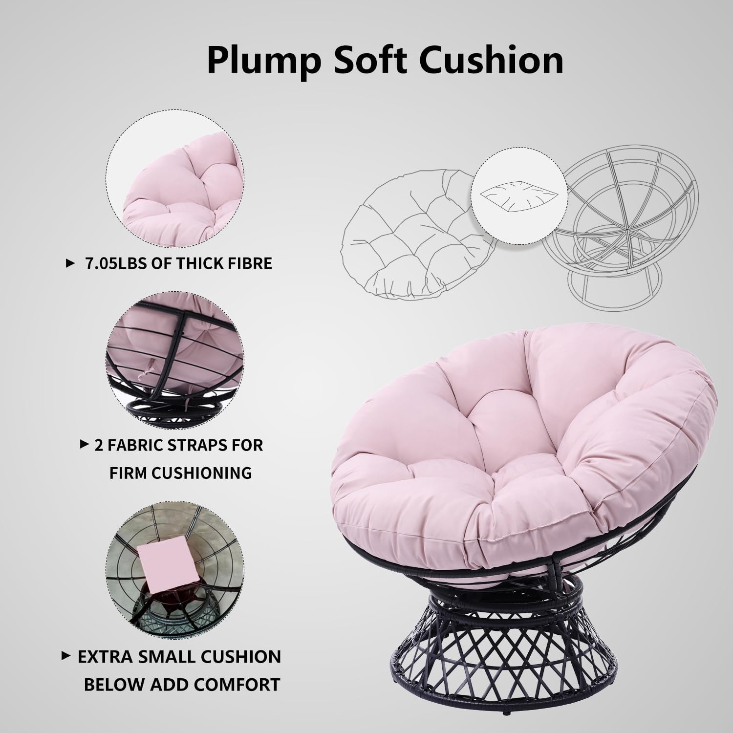 360° Swivel Papasan Chair - 350lbs Capacity Indoor/Outdoor Wicker Lounge Chair with Thick Cushion, Modern Accent Chair for Living Room, Bedroom, Patio