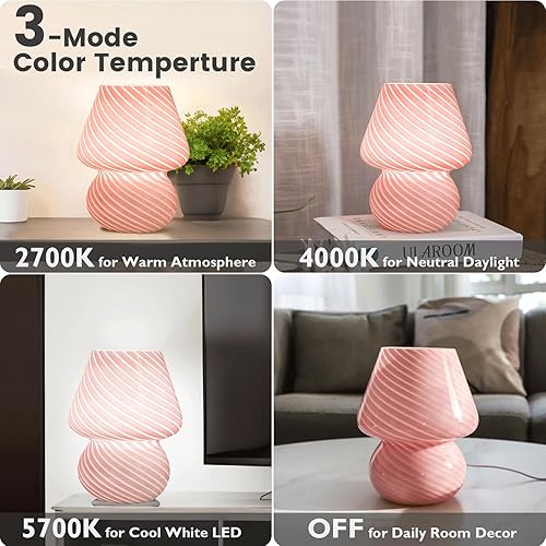 Miniatura 3 de Lámpara de hongo enchufable USB para dormitorio, pequeña lámpara de mesita de noche con 3 bombillas LED de temperatura, luz nocturna de atenuación