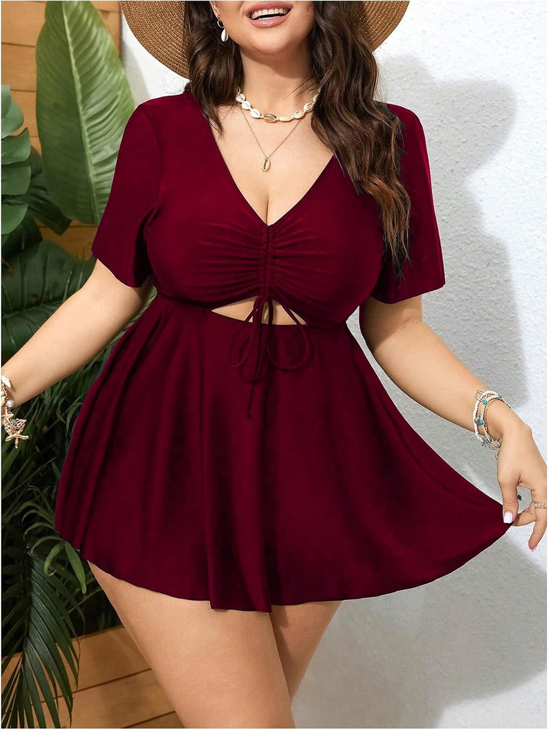 OYOANGLE Women's Plus Size Tankini Sets 2 Piece Drawstring V Neck Short Sleeve Swim Dress Bathing Suits