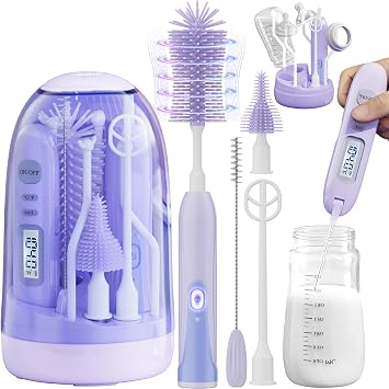 Electric Bottle Brush Cleaner,Rechargable Electric Baby Bottle Brush Cleaner with Thermometer,Silicone Bottle/Nipple/Straw Brush,Drying Rack,Travel Bottle Cleaner Kit for New Moms Violet