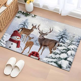 Entryway Rug 2'x3', Christmas Snowman Non Slip Door Mat Indoor Entrance, Xmas Deer Winter Birds Snows Pine Tree Washable Small Area Rugs Low Pile Front Door Rugs for Kitchen Bathroom