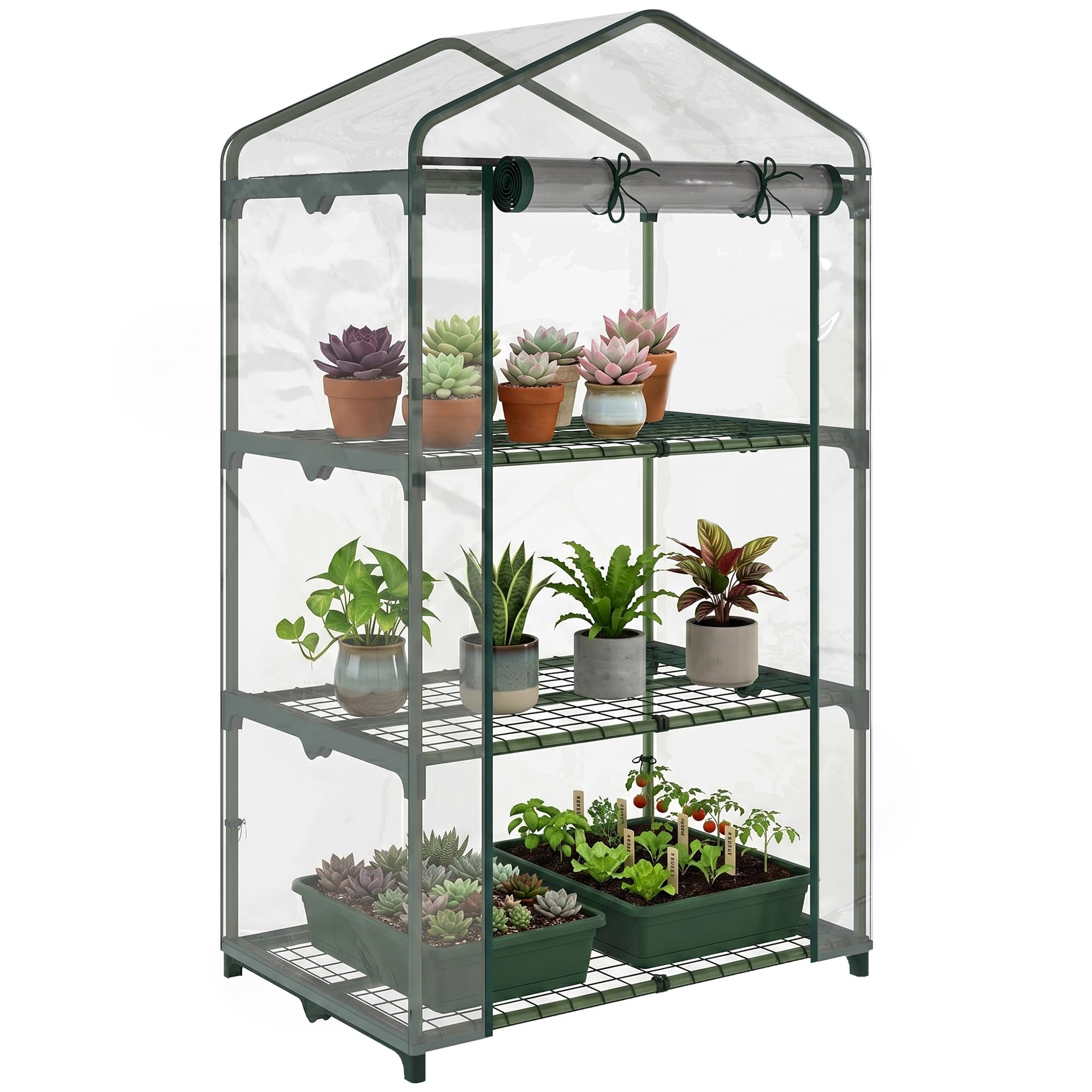 Outsunny Mini Serra da Giardino con Rivestimento in Plastica e Telaio in Acciaio, Serra per Piante con 3 Ripiani e Porta a Cerniera, 69x49x125cm, Trasparente