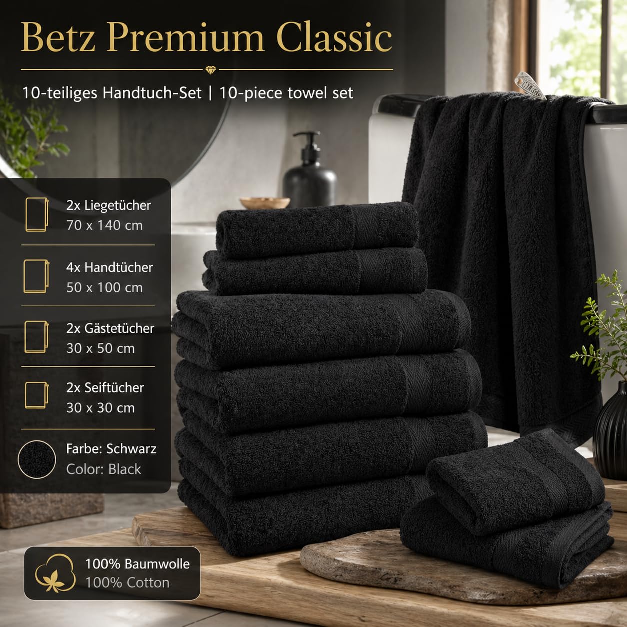 Betz Juego de 10 Toallas Classic 100% algodón 2 Toallas de baño 4 Toallas de Lavabo 2 Toallas de tocador 2 Toallas faciales Negro