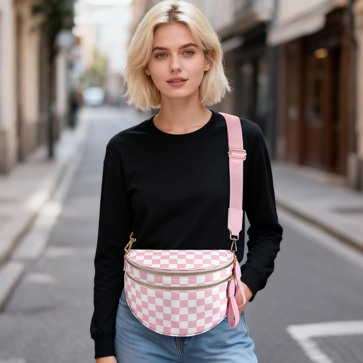 Checkered Nylon Crossbody Bag Bum Bag for Women Mom Spacious Checkered Crossbody Purses Shoulder Handbag - Image 7