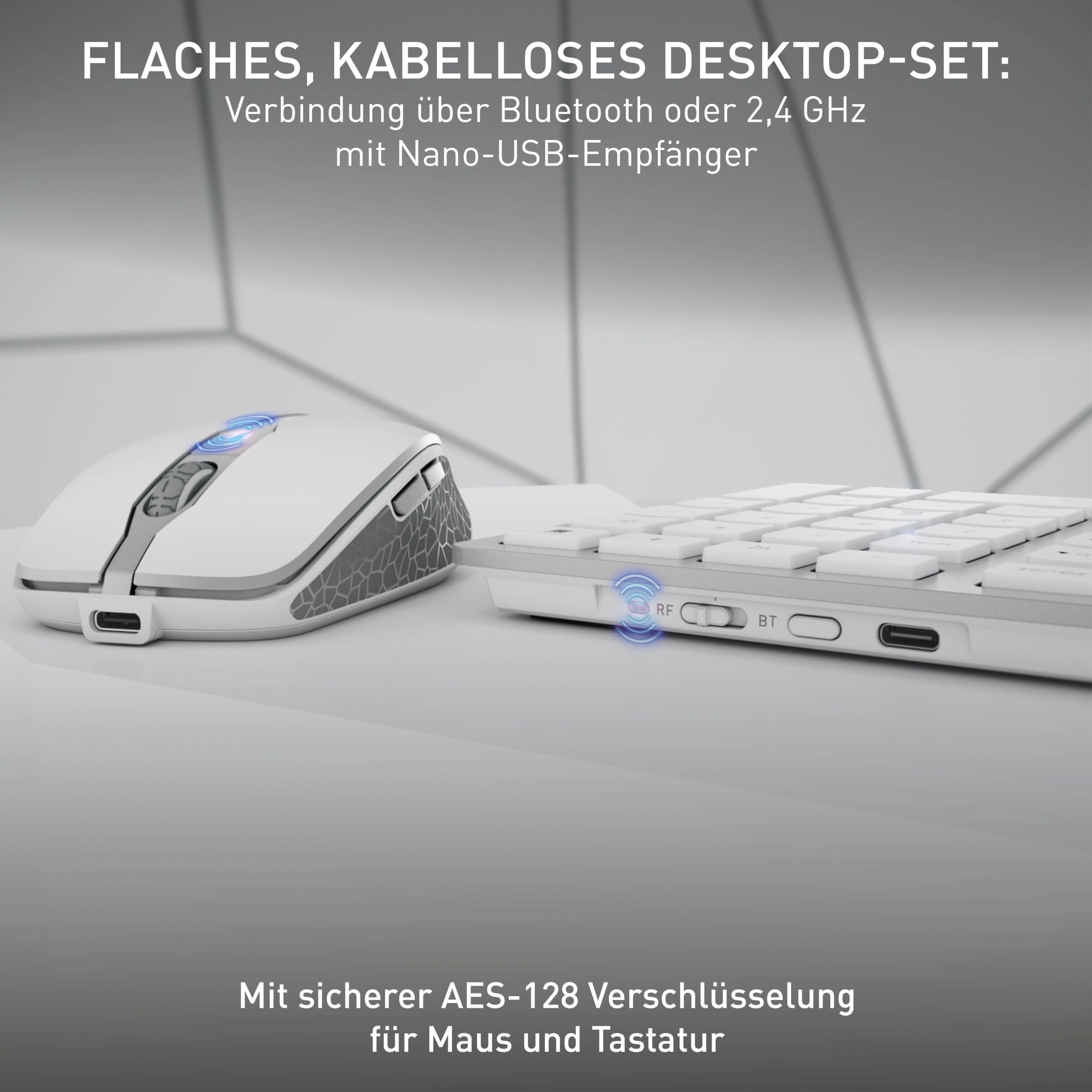 CHERRY DW 9100 Slim, Kabelloses Tastatur- und Maus-Set, Deutsches Layout (QWERTZ), Bluetooth & 2,4 GHz Funk, Leise Tasten, Wiederaufladbar, Weiß-Silber
