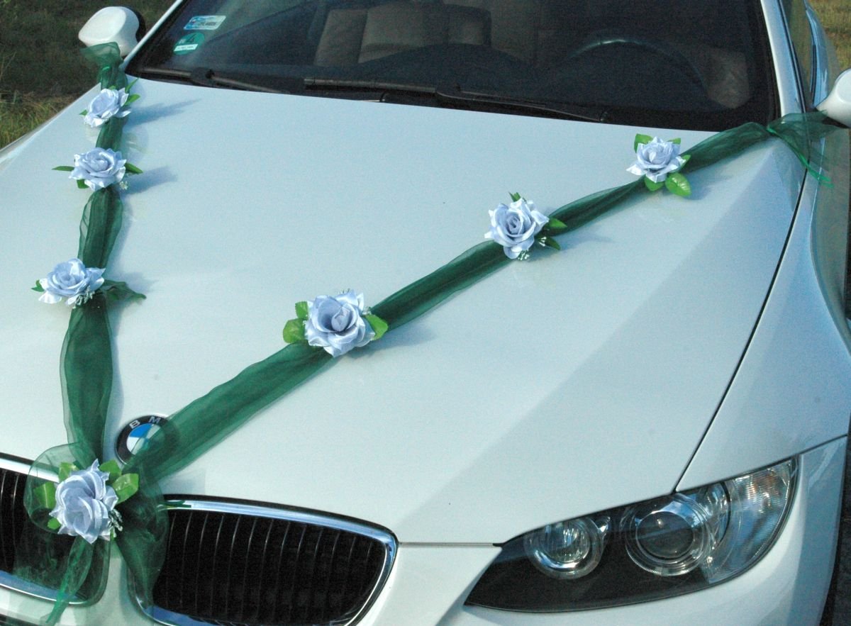 Autoschmuck Organza M Auto Schmuck Braut Paar Rose Deko Dekoration Hochzeit Car Auto Wedding Deko Girlande PKW (Silber/Grun) - Image 2