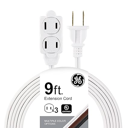 GE 9 Ft Extension Cord, 3 Outlet Power Strip, 2 Prong, 16 Gauge, Twist-to-Close Safety Outlet Covers, Indoor Rated, Perfect for Home, Office or Kitchen, UL Listed, White, 51947