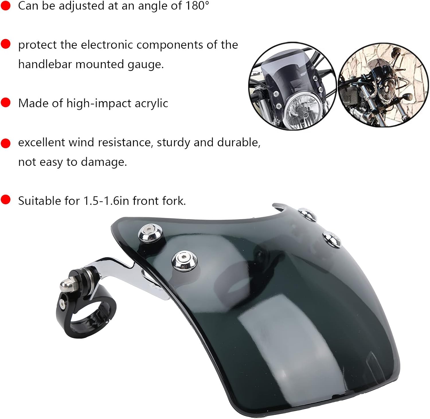 Motorcycle Windshields, Motorcycle Windshield Headlight Fairing 180° Adjustable Universal for 1.5-1.6in Front Fork(Black)