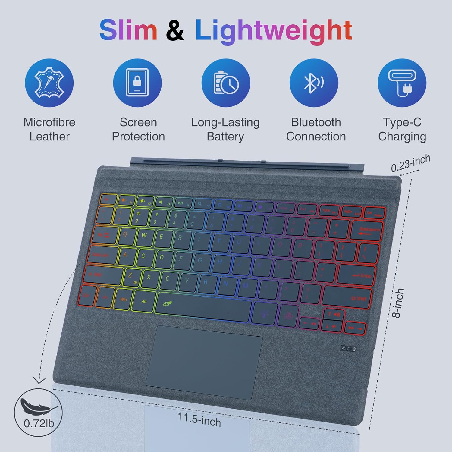 Microfiber Leather Keyboard for Surface Pro 7+/7/6/5/4/3, Wireless Keyboard Type Cover with Palm Rejection Touchpad, Type-C Charging, 7-Color Backlight for Microsoft Surface Pro