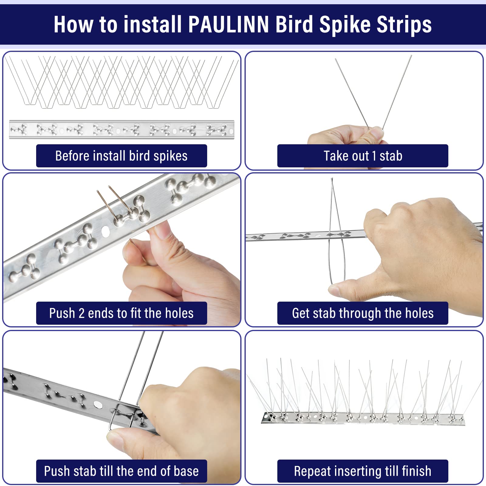 PAULINN Punte per Uccelli per piccioni Piccoli Uccelli: 28 Strisce Resistenti Anti-Uccelli con Base in Acciaio Inossidabile per scoraggiare Uccelli, Corvi, Picchi, lucidatura Liscia innocua