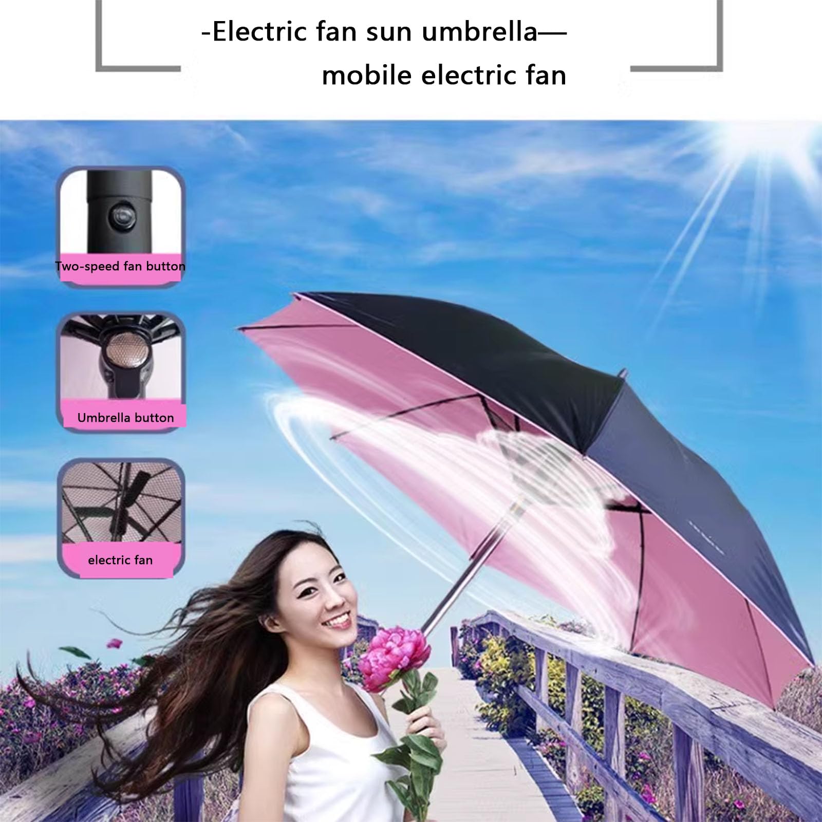 Parasol słoneczny, parasol ochronny ze sprayem i wentylatorem, przenośny parasol golfowy, dwie prędkości wiatru, ładowanie przez USB, idealny na festiwale, plażę (black blue)