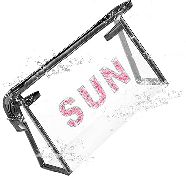 Clear Bling Makeup Pouch, Cute Sunscreen Bag,Travel Beach Pool Bag With Glitter Rhinestone Letter Sun, Personalized Waterproof Travel Toiletry Purse Gifts For Women Teen Girl Black-SUN