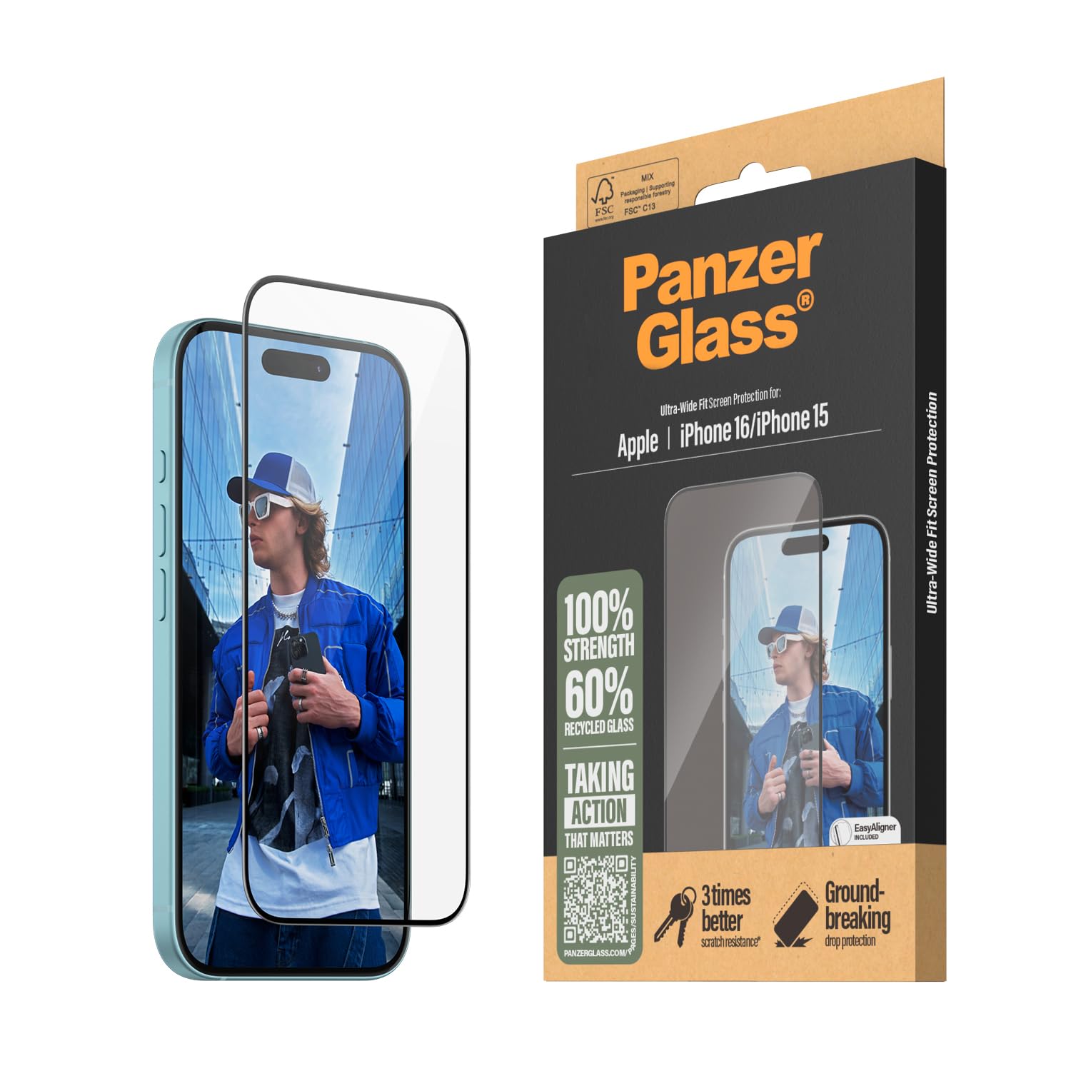 PanzerGlass Pellicola protettiva in vetro temperato per iPhone 16 Ultra Wide Fit, compatibile con cover, resistente ai graffi, resistente agli urti, applicazione facile