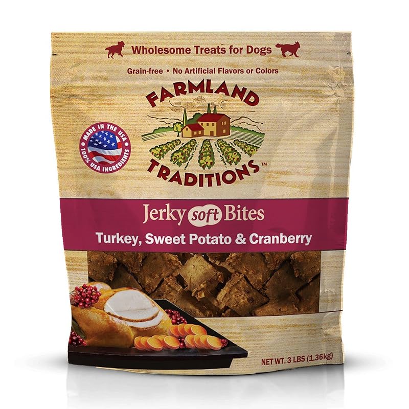 Petisco de carne seca macia para cães Farmland Traditions com peru, batata-doce e cranberry – 1,36 kg