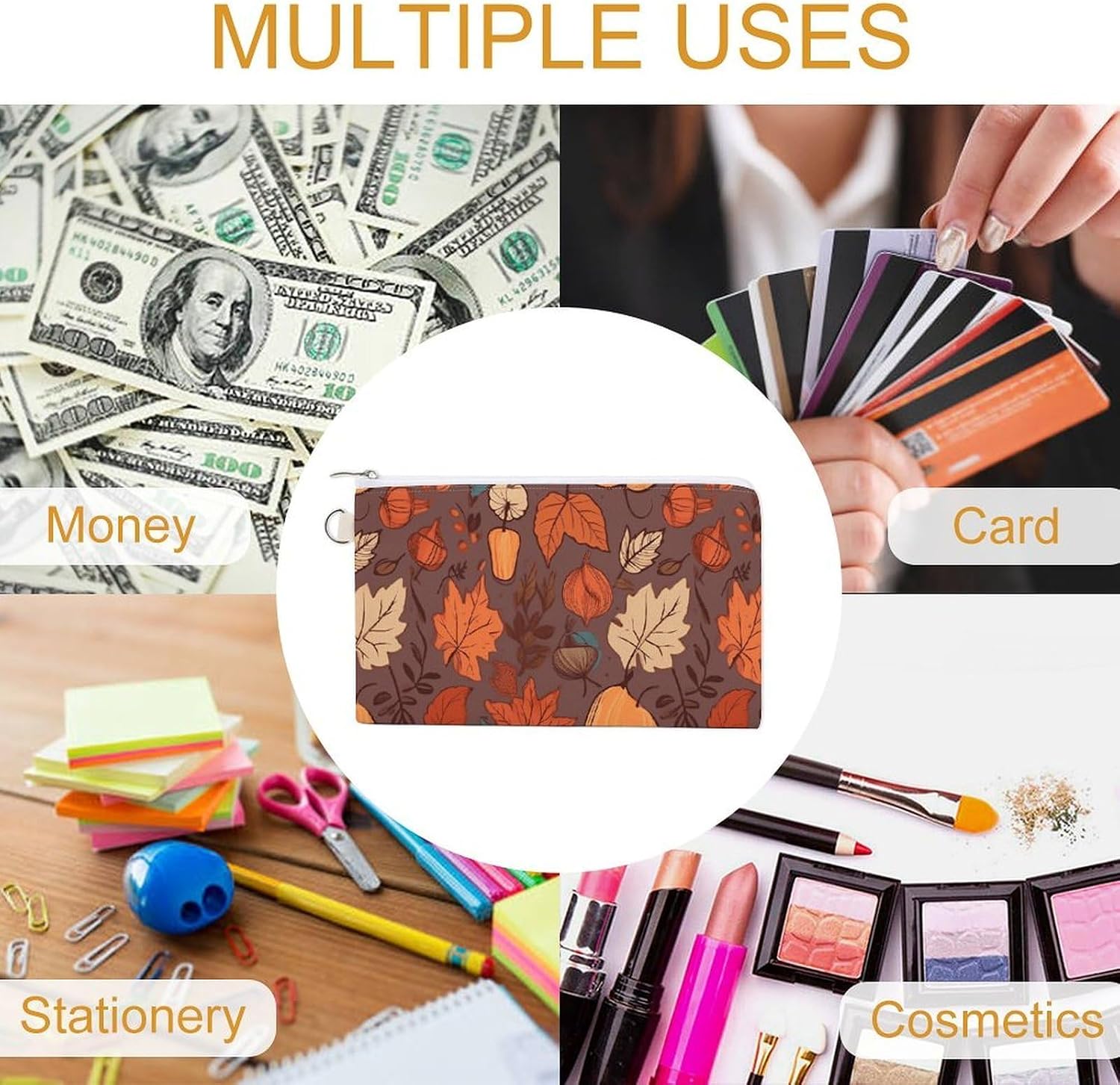Fall Coin Purse Pouch for Men Women Travel Portable Check Wallet Zipper Bank Bag Canvas Coin Wallet Money Bag 7.4 in X 4.6 in Money Pouch Lightweight Change Holder