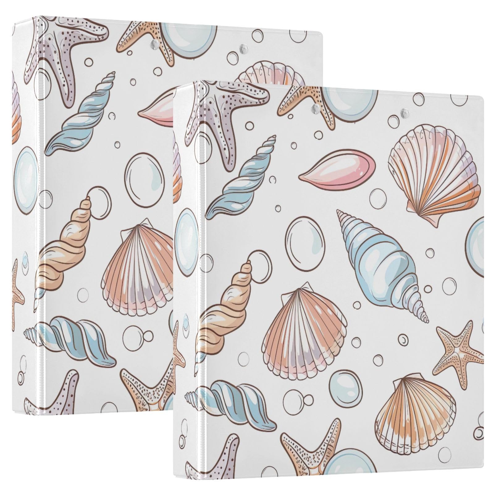 Raccoglitori a 3 anelli, 3,8 cm, motivo conchiglie in stile cartone animato, con clip in metallo, organizer per casa e ufficio, confezione da 2