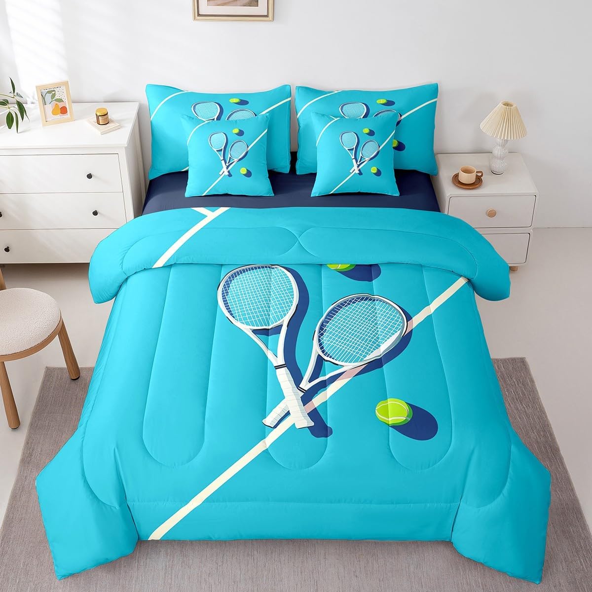 Manfei Tennis Court Bed Set in a Bag 7 Pcs,US Tennis Competition Sports Game Field Bedding Set,Geometric Stripes Patchwork Blue Green Comforter with Fitted,Flat Sheet,Pillowcase,Pillow Covers,Twin