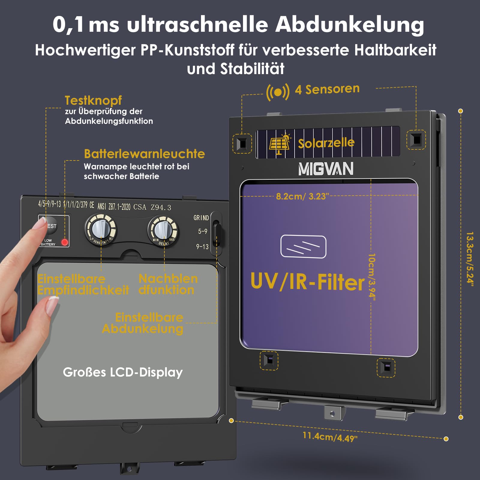 Schweißhelm Automatik 0,1 ms Abdunkelung,True-Color Schweißmaske, 100×82 mm Sichtfeld, Solar Batterie, Welding Mask, DIN 4/5-9/9-13, Schweisshelme für MIG TIG MMA ARC Schleifen H21