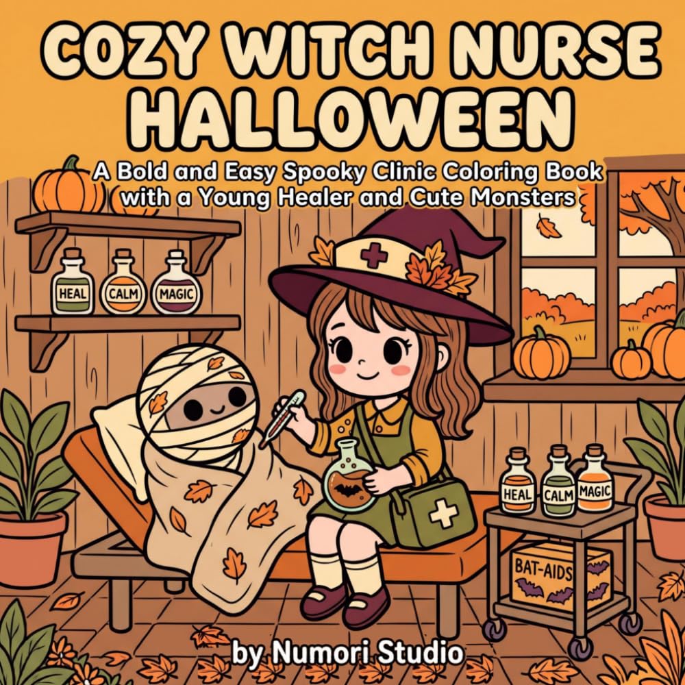 Cozy Witch Nurse Halloween: A Bold and Easy Spooky Clinic Coloring Book with a Young Healer and Cute Monsters | Relaxing Fall & Halloween Gift for Adults, Teens and Healthcare Workers
