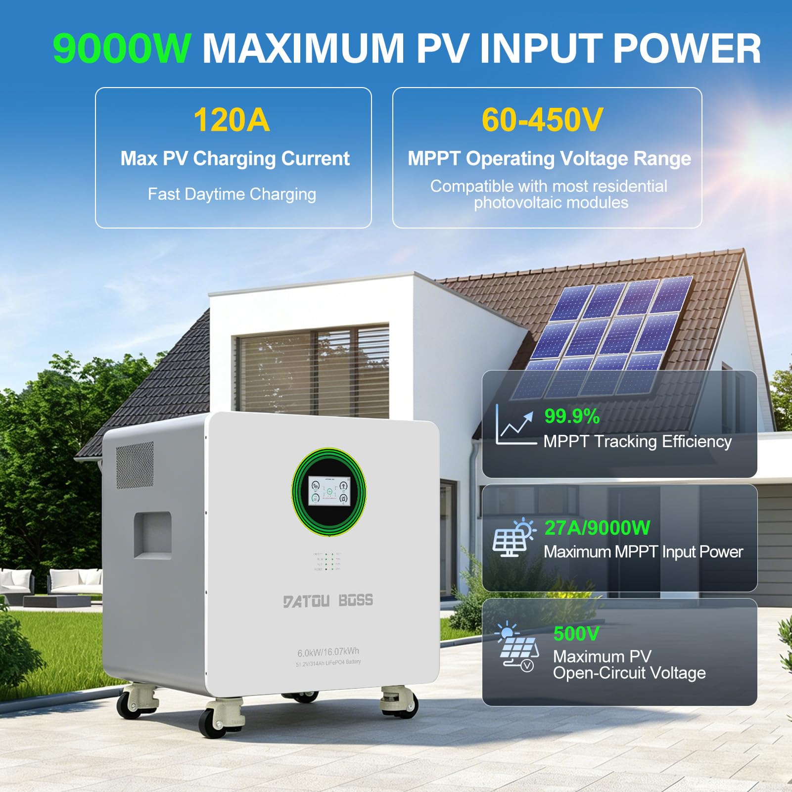 DATOUBOSS Batteria Litio LiFePO4 48V 314Ah 16,07kWh All-in-One con Inverter Solare Ibrido 6000W 48V, Ingresso Fotovoltaico 9000W, 8000+ Cicli, Sistema di Accumulo Energia Solare Plug & Play