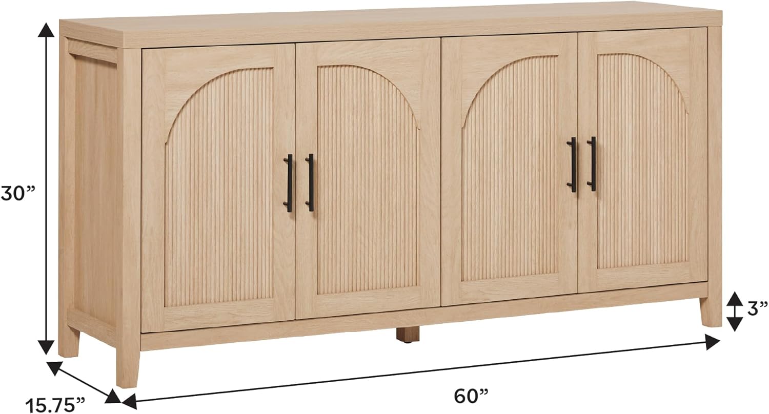 Walker Edison Sasha 4-Door Reeded Sideboard Buffet with Cord Management, 60 Inch, Coastal Oak