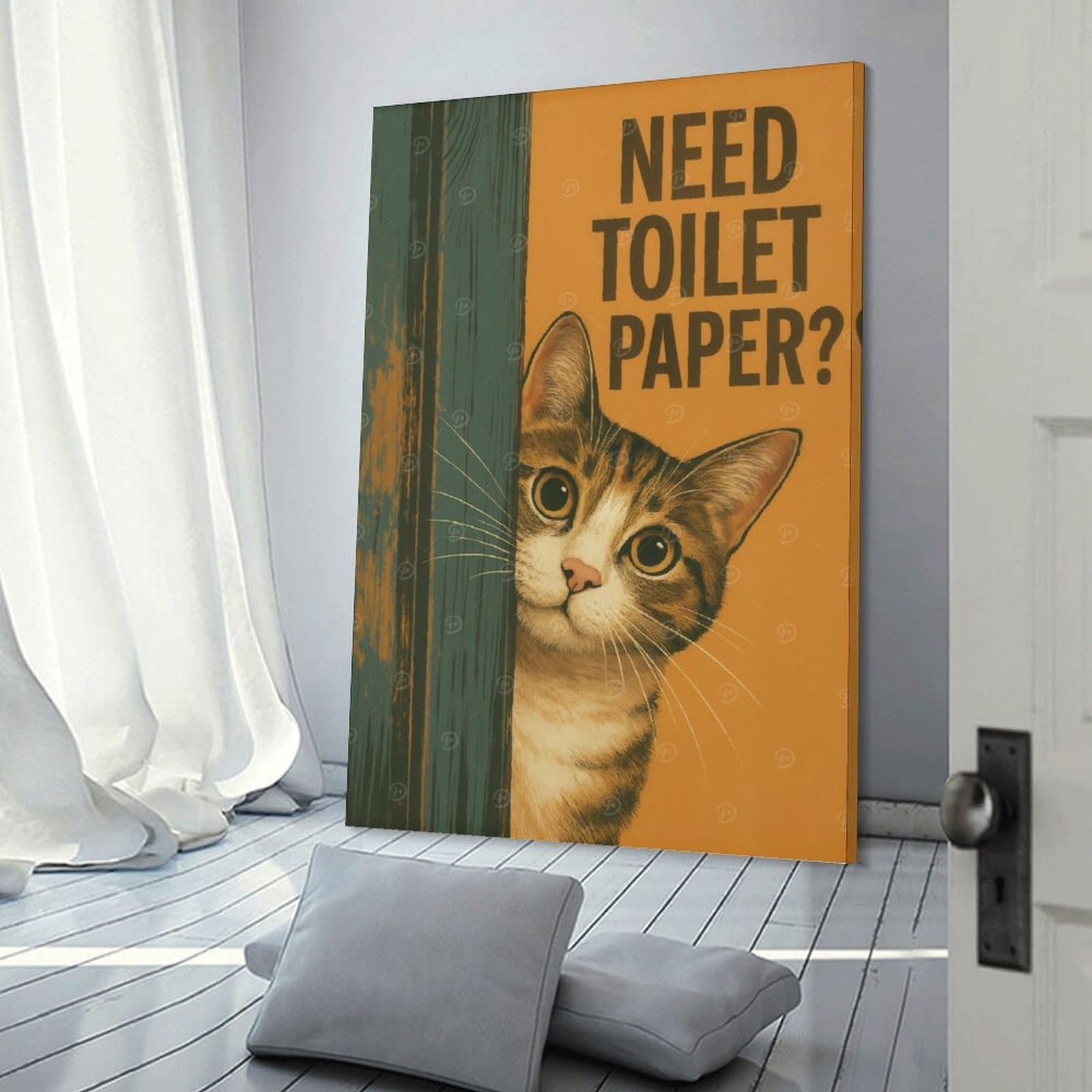 Junmoney Need Toilet Paper Bathroom Cat Poster Canvas Art Print, 12x18inch(30x45cm), for Bedroom Decor, Cosy Corners Or Studios, A Warm Accent for Relaxed Interiors