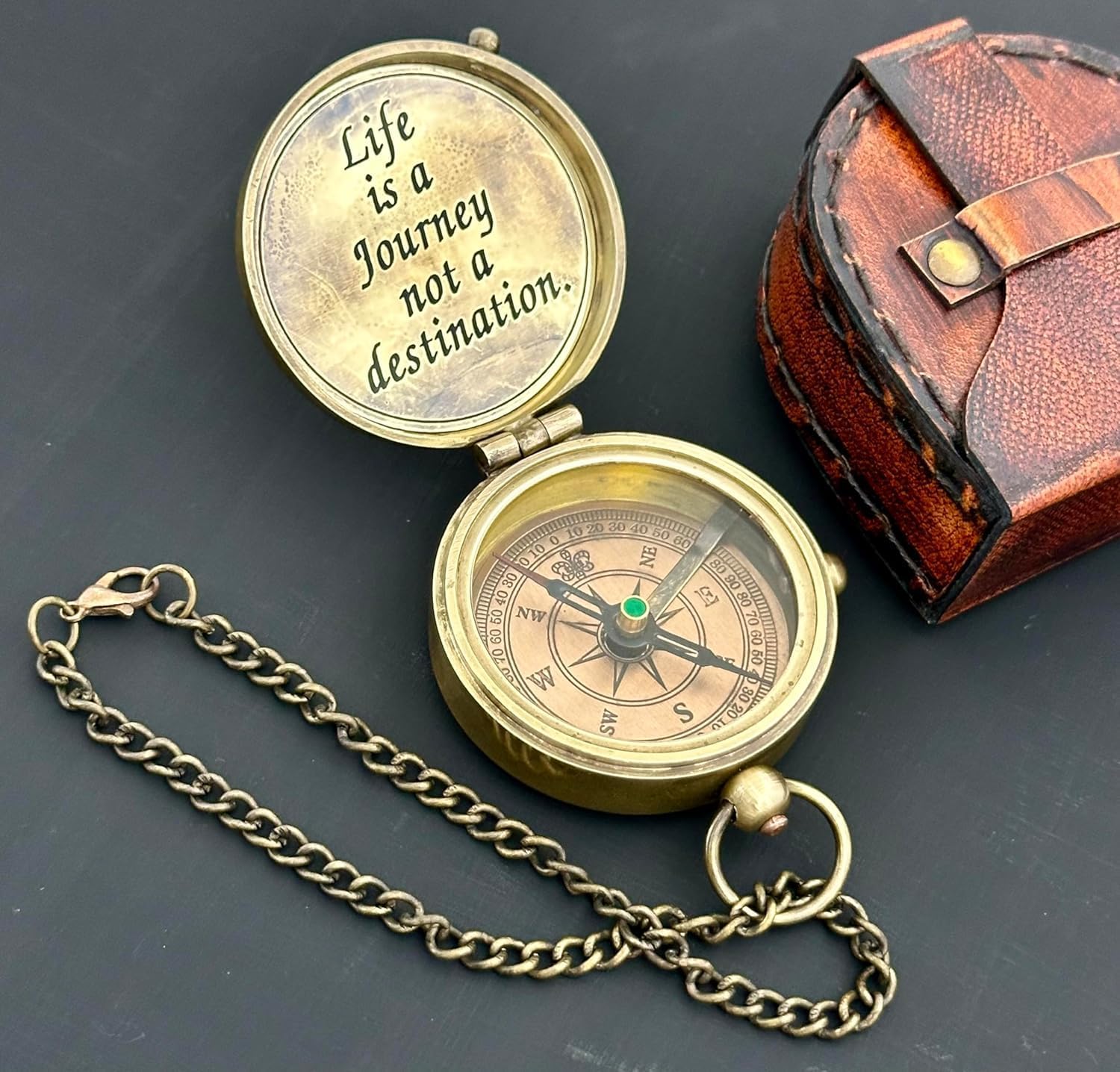Vintage Brass Compass with Leather Case, Engraved Life Quote, Chain Necklace, Inspirational Gift, Engraved Compass - Life is a Journey not a Destination - Unique Gifts for Fathers, dad, for him Gift