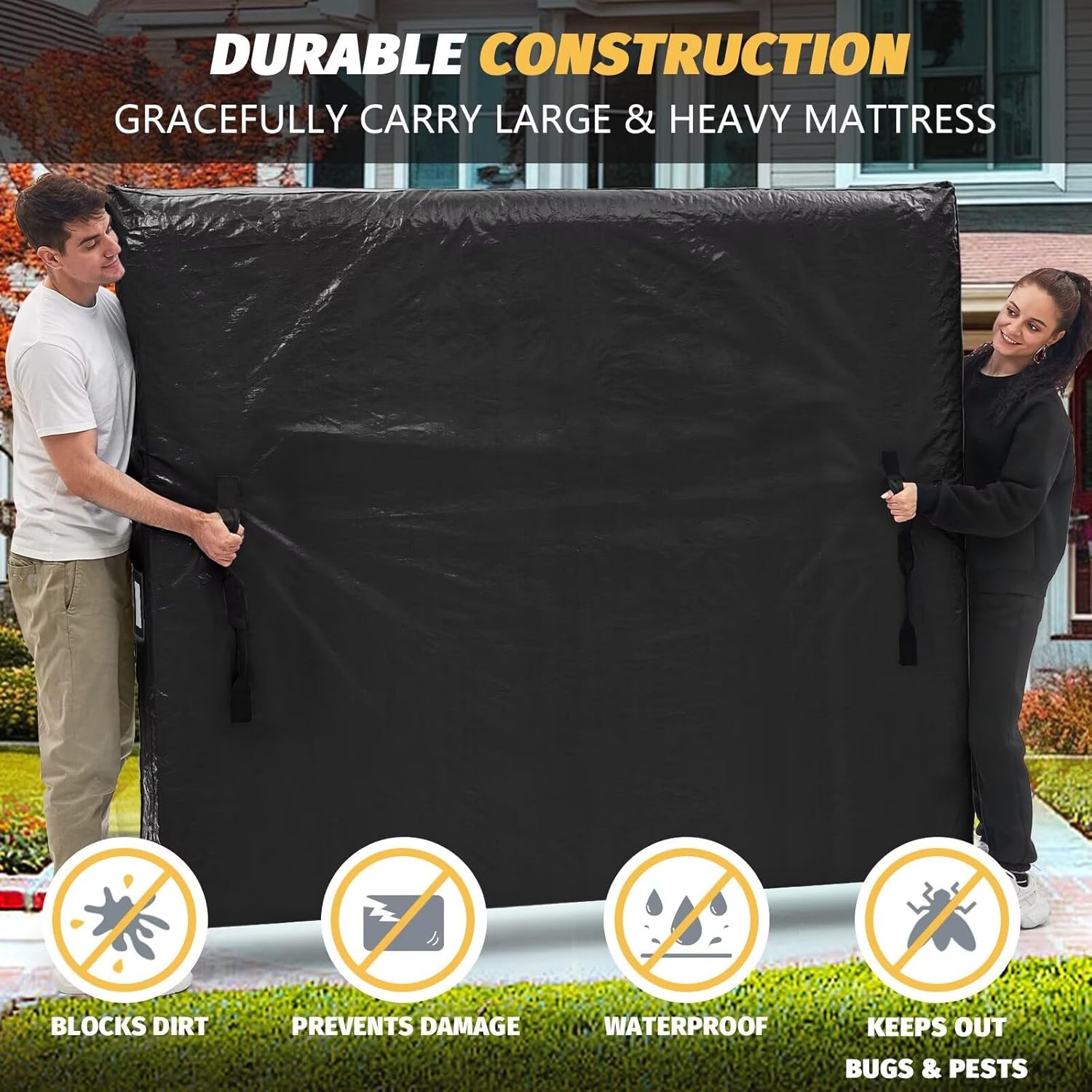 Mattress Bags for Moving and Storage, BETU Twin Mattress Protector Waterproof Mattress Cover with 8 Heavy Duty Handles and Zipper Extra Thick Moving Supplies for Dorm Bed Reusable (77x42x13.5 Black) - Image 3