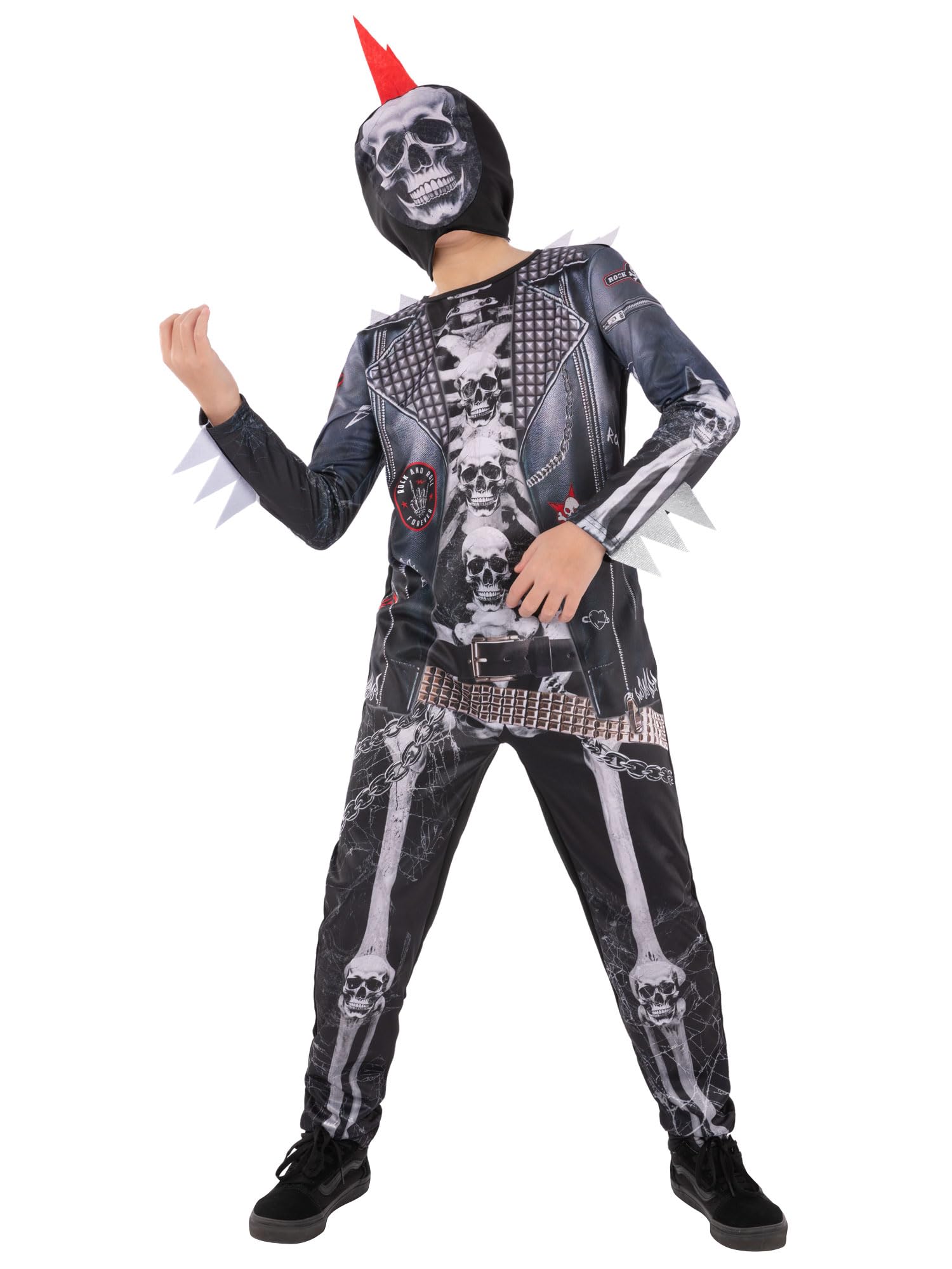 Smiffys Boys Punk Skeleton Costume with Spiked Skull Print All In One and Hooded Mask Halloween Fancy Dress Outfit for Kids, Age7-9
