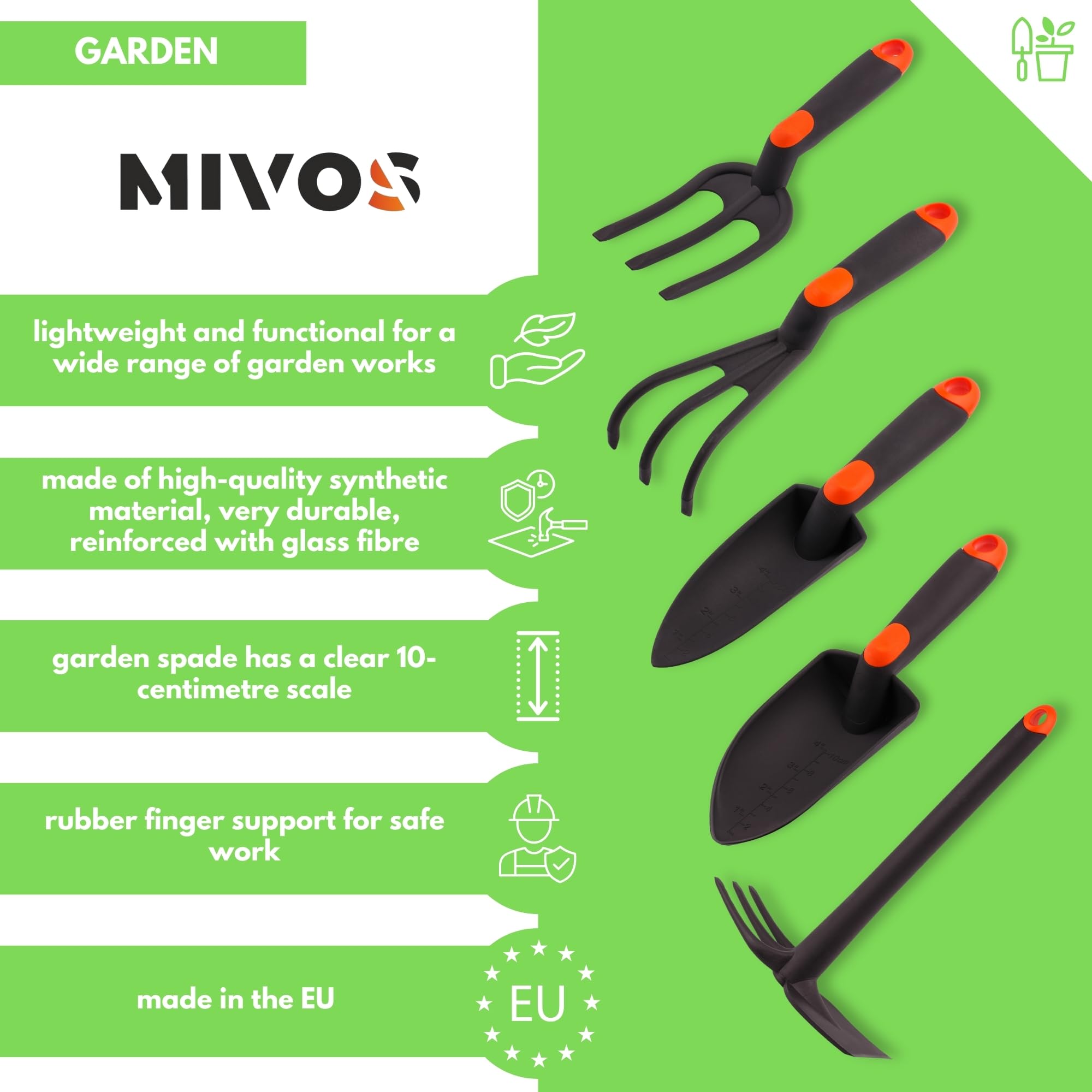 MIVOS Juego de Herramientas de Jardinería de 5 Piezas para Cuidado del Jardín - Garra - Azada Doble - Palita Pequeña - Mini Horquilla - Herramientas de Mano de Plástico Reforzado con Fibra de Vidrio