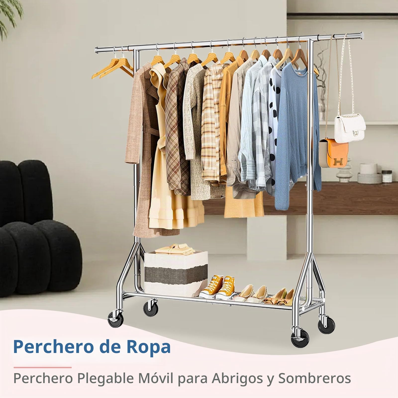 Perchero Burro Ropa,Extensible,Ruedas Grandes | 100% Acero Inoxidable,Carga 345 kg, Extensible con Estantes