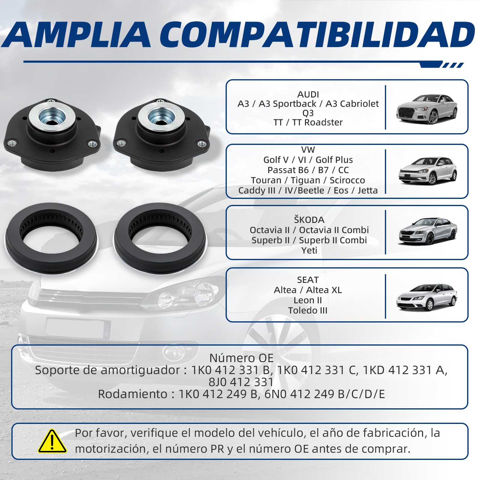 Kit copelas eje delantero para VW Golf Passat Touran, 4 piezas | Kit robusto de soporte de amortiguador de goma y metal. Para VW Golf 5/6, Tiguan y Caddy. Eje delantero duradero