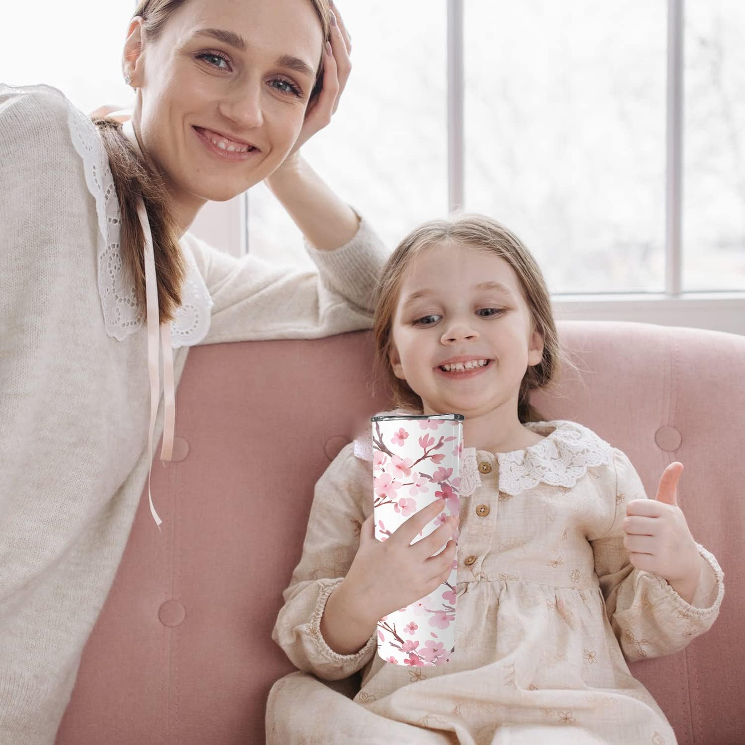 Cherry Blossom Gifts for Women,Tumbler With Lid And Straw, 20oz Cherry Blossom Stainless Steel Cup,Insulated Water Bottle Coffee Wine Tea Travel Mug Pink Tumbler - Image 3