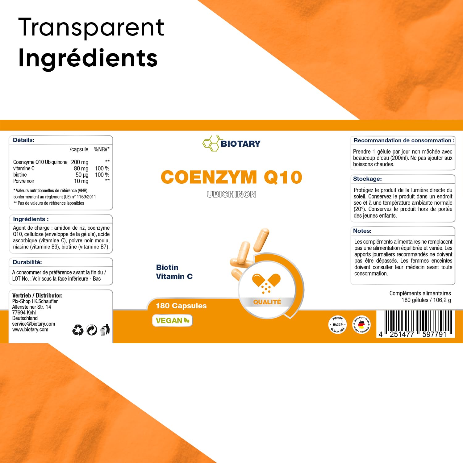 Coenzyme Q10 180 gélules 200 mg d’ubiquinone par gélule avec boîte à pilules incluse 6 mois de réserve avec vitamines C B3 B7 et poivre noir 100% végan qualité contrôlée