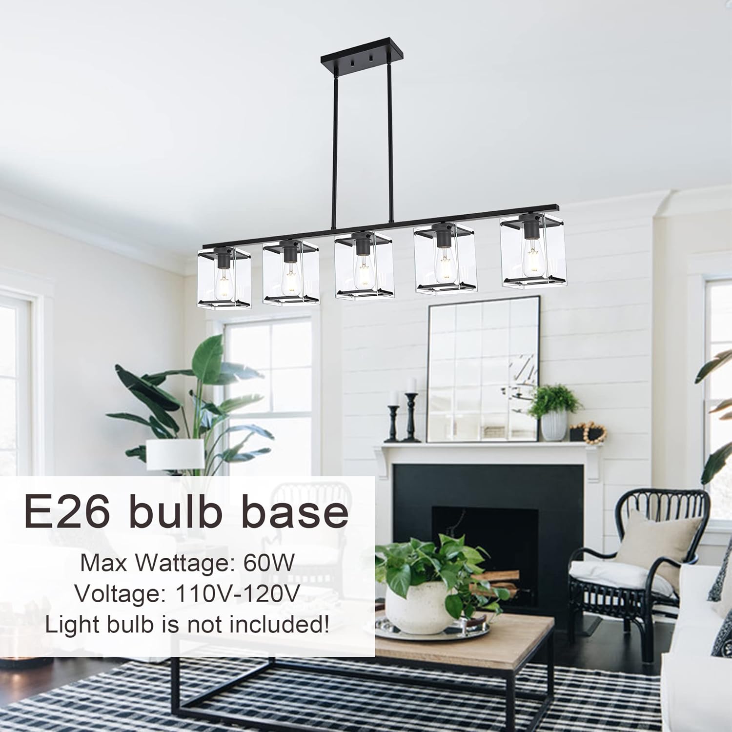 MELUCEE Linear Kitchen Island Lighting with Rectangular Clear Glass Shades 5 Light Chandeliers for Dining Room, Farmhouse Pendant Light Fixture Black for Kitchen Dining Room Living Room