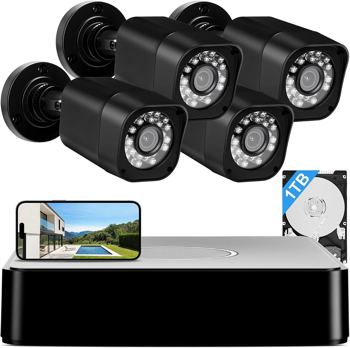 Sistema de cámara de seguridad con cable, DVR de 8 canales con disco duro de 1 TB, cámara 4X 1080P | Cámaras de seguridad con cable con detección de vehículos humanos, CCTV de vigilancia doméstica al aire libre, resistente al agua IP68, acceso remoto